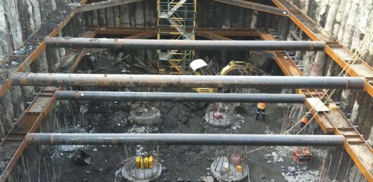 Secant pile wall with jet grout infills excavated